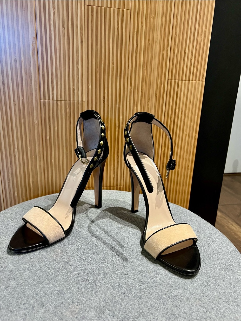 Club Monaco Black and Beige Studded Ankle-Strap Stiletto Heels